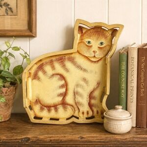 Vintage Orange Tabby Cat Wood Tray Hand Painted Folk Art Cottagecore Decor 14x12